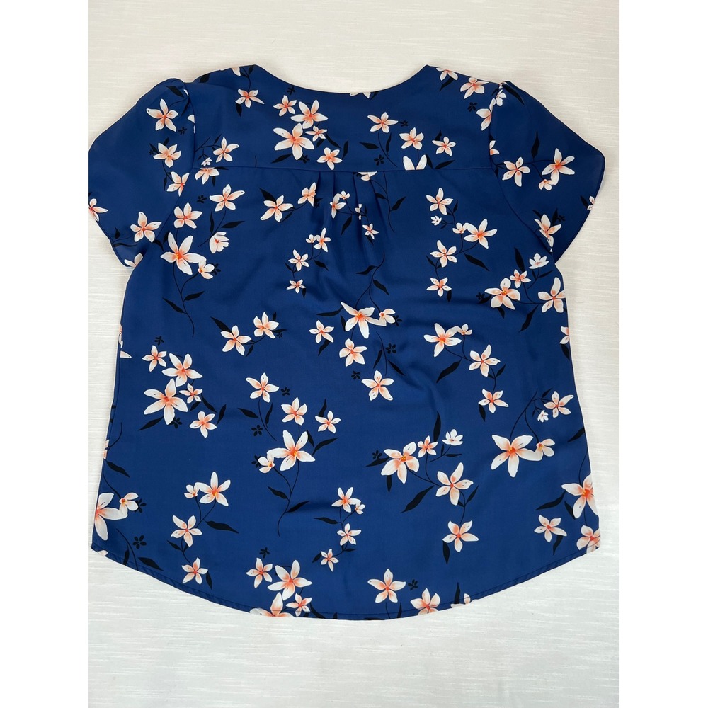 41 Hawthorn Blue Floral Keyhole Pleated Blouse Short Tulip Sleeve Top Large - Picture 9 of 12